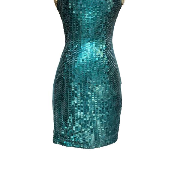 VTG Niteline Della Roufogali Mini Dress Sz 4 Green Gold Sequins Cocktail Party - Picture 3 of 15